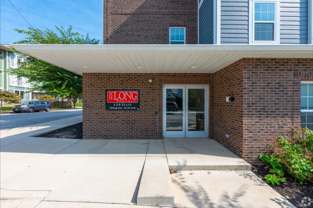 Modern apartment building entrance at 120 Flats West Lafayette
