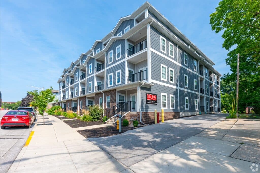 Exterior view of 120 Flats apartments near Purdue University in West Lafayette