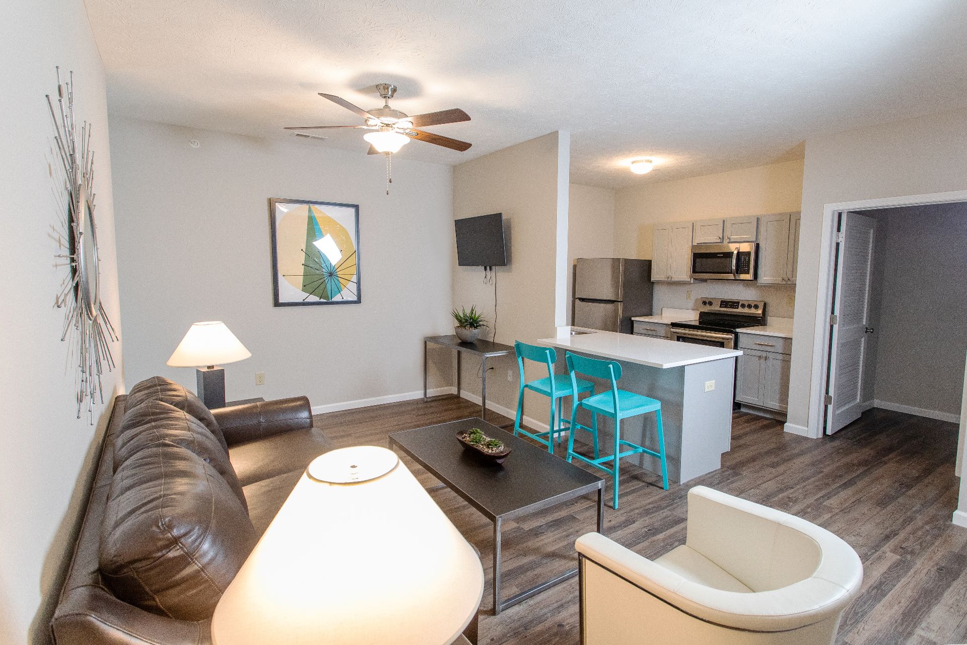 Kitchen and dining area in apartments near Purdue University in West Lafayette