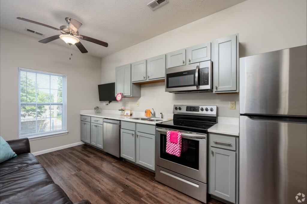 Modern kitchen with updated finishes in a 1 bedroom apartment at 120 Flats